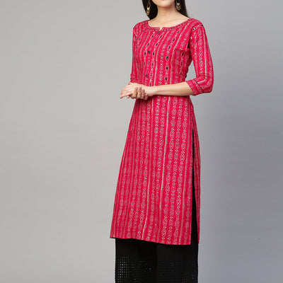 Bandhej Printed & Embroidered Kurta - Hot Pink