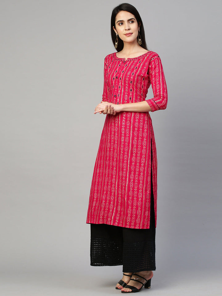 Bandhej Printed & Embroidered Kurta - Hot Pink