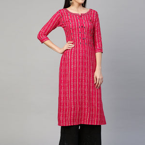 Bandhej Printed & Embroidered Kurta - Hot Pink
