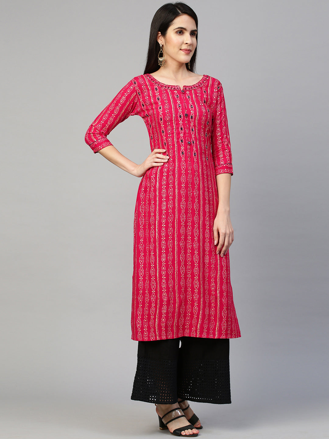 Bandhej Printed & Embroidered Kurta - Hot Pink