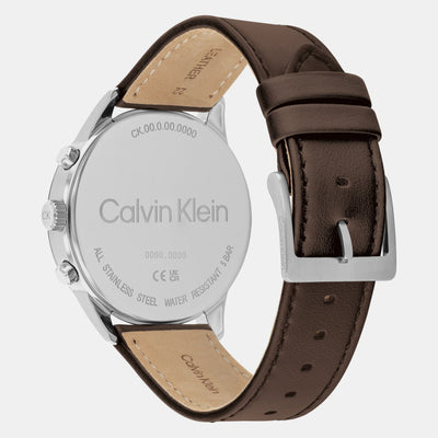 Ck Infinite Men Quartz Silver Dial Chronograph Leather Watch 25200381