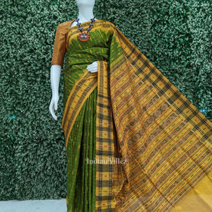 Green Yellow Hazar Buti Bomkai Tussar Silk Saree with Sarabandha Anchal