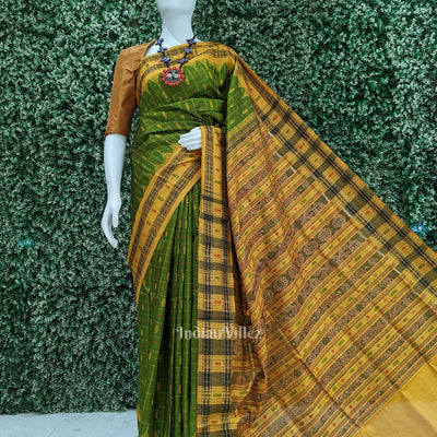 Green Yellow Hazar Buti Bomkai Tussar Silk Saree with Sarabandha Anchal