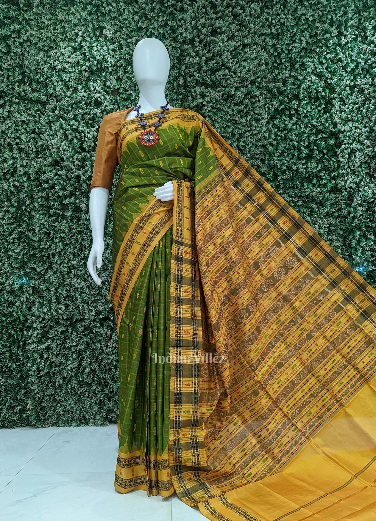 Green Yellow Hazar Buti Bomkai Tussar Silk Saree with Sarabandha Anchal