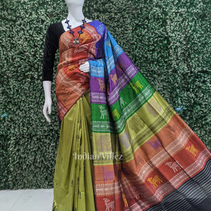 Mehendi Green with Fish Motif Double Pallu Berhampuri Silk Saree