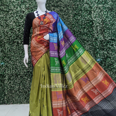 Mehendi Green with Fish Motif Double Pallu Berhampuri Silk Saree