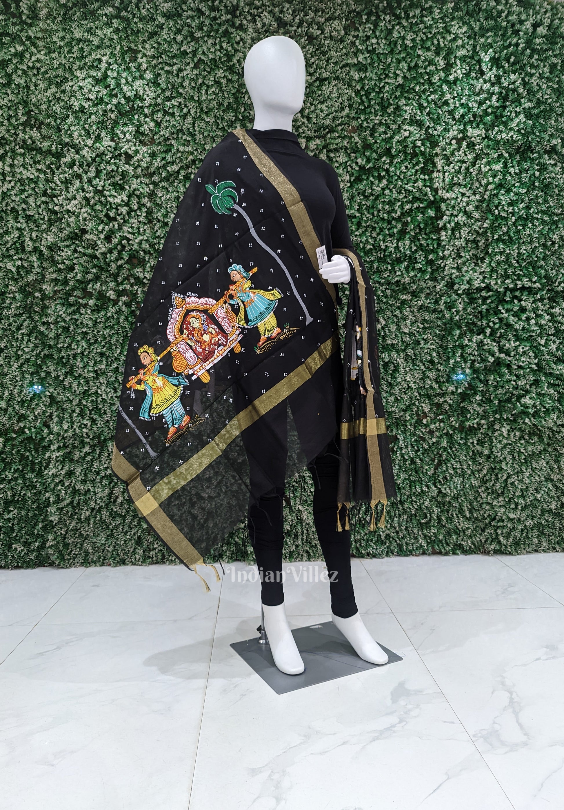 Black Doli Barat Theme Patachitra Chanderi Dupatta