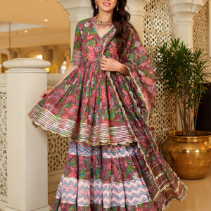 Multi Rose Handblock Sharara Set