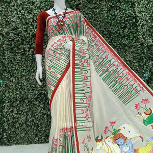 Off White Pichwai Pattachitra Silk Saree