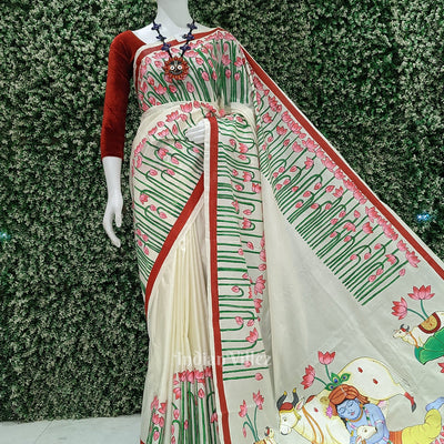 Off White Pichwai Pattachitra Silk Saree