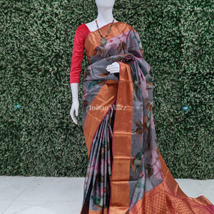Grey Pink Floral Digital Print Kanjivaram Silk Saree