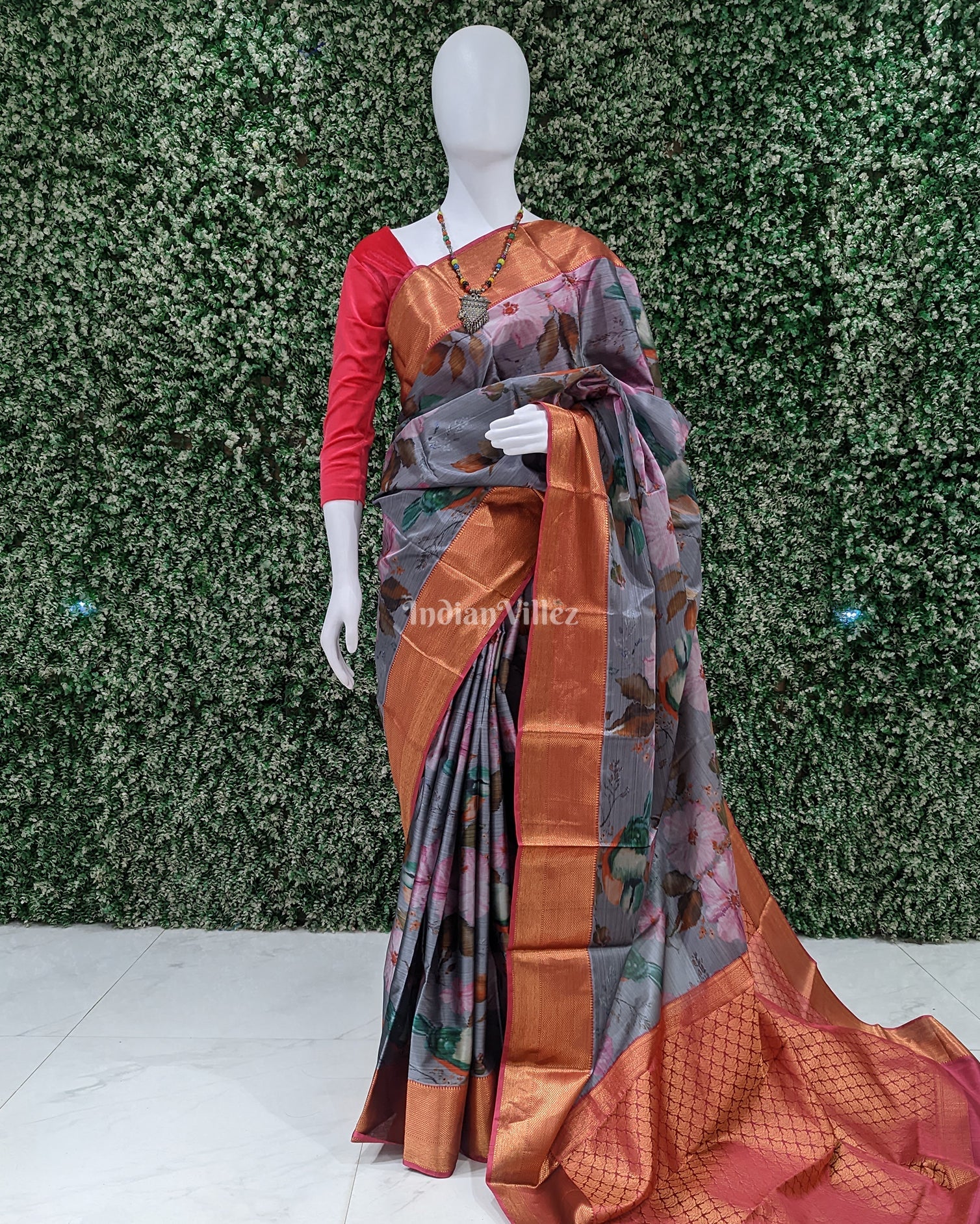 Grey Pink Floral Digital Print Kanjivaram Silk Saree