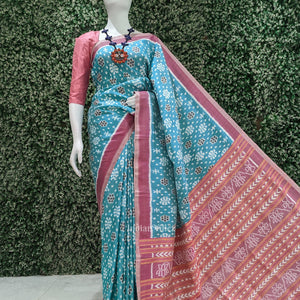 Cyan Blue Pink Odisha Ikat Contemporary Designer Saree