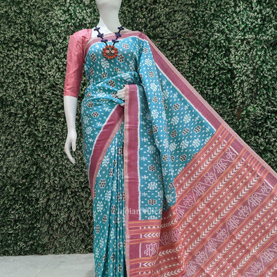 Cyan Blue Pink Odisha Ikat Contemporary Designer Saree