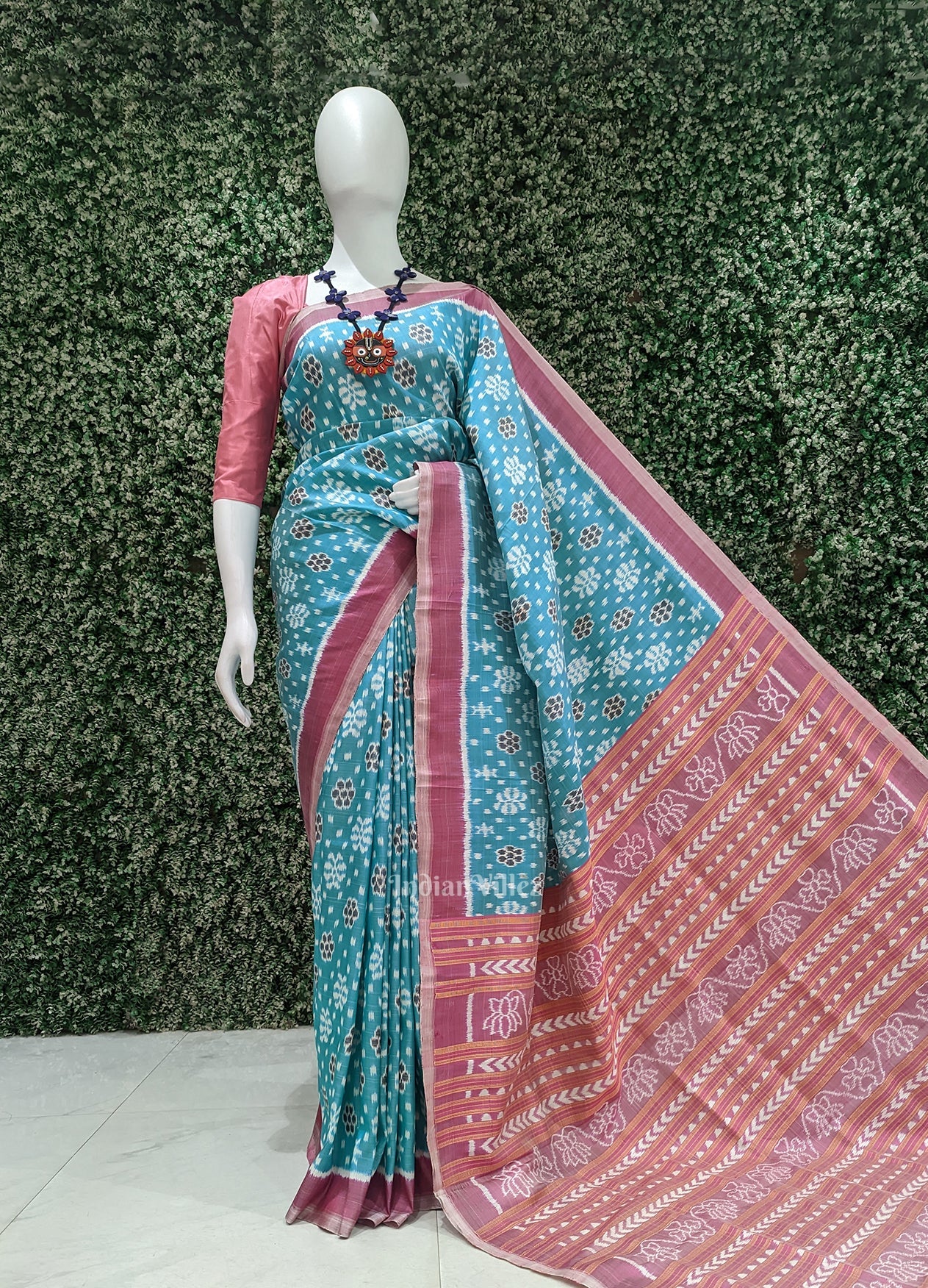 Cyan Blue Pink Odisha Ikat Contemporary Designer Saree