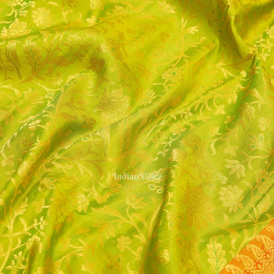 Parrot Green Golden Body Work Pure Kanjivaram Silk Saree