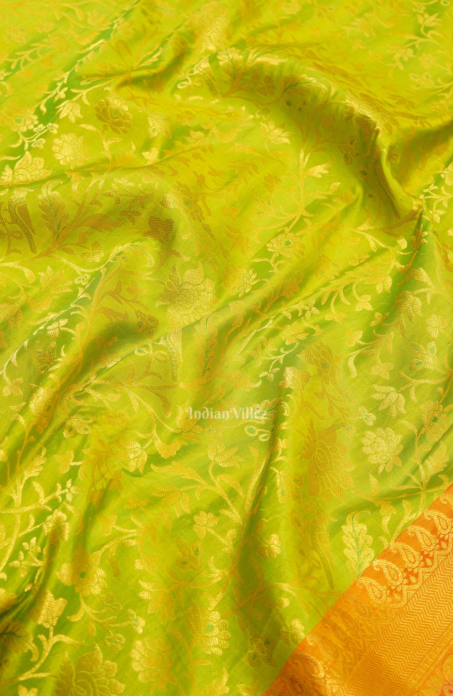 Parrot Green Golden Body Work Pure Kanjivaram Silk Saree