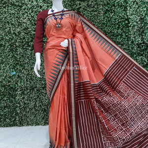 Peach Orange Sambalpuri Bomkai Silk Saree with Varnamala Anchal