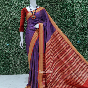 Blue Red Flower Design Bomkai Sambalpuri Ikat Silk Saree