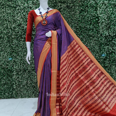 Blue Red Flower Design Bomkai Sambalpuri Ikat Silk Saree