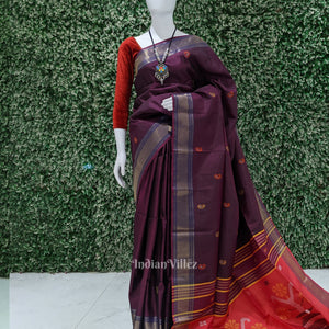 Red With Coffee Dual Tone Pure Bishnupuri  Silk Saree