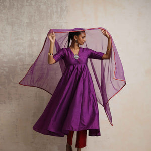 trueBrowns Purple Silk Anarkali Kurta Pant Dupatta Set