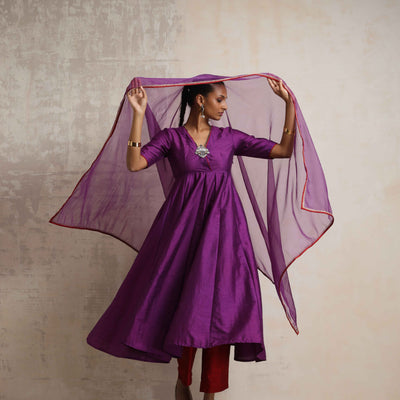 trueBrowns Purple Silk Anarkali Kurta Pant Dupatta Set