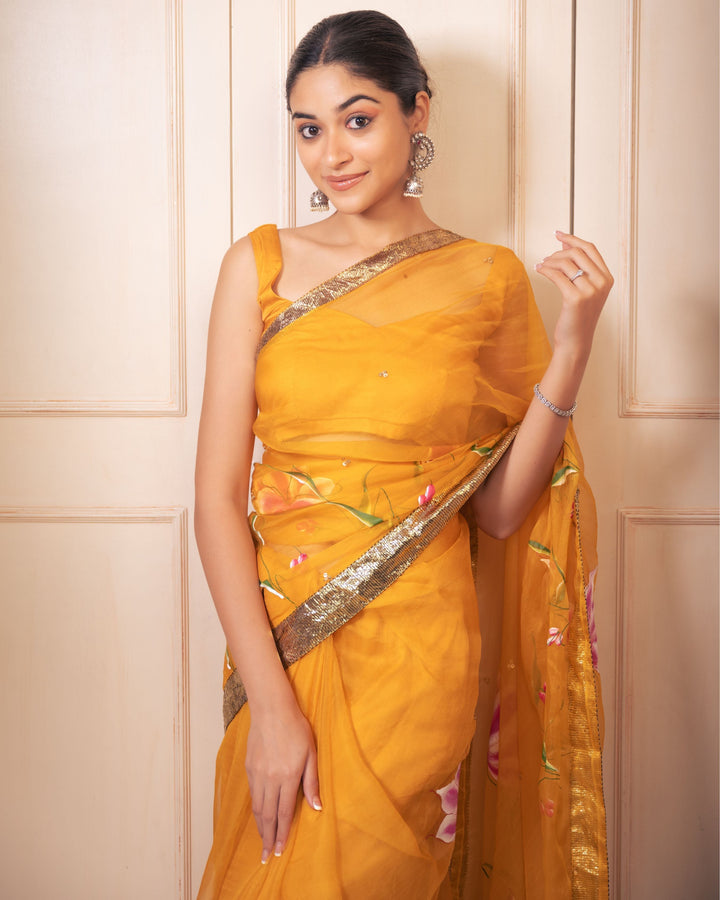 Surya Handpainted Gota Pure Organza Saree