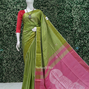Green Pink Pure Bishnupuri Silk Saree with Budha Tissue Anchal