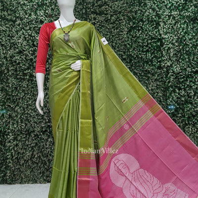 Green Pink Pure Bishnupuri Silk Saree with Budha Tissue Anchal