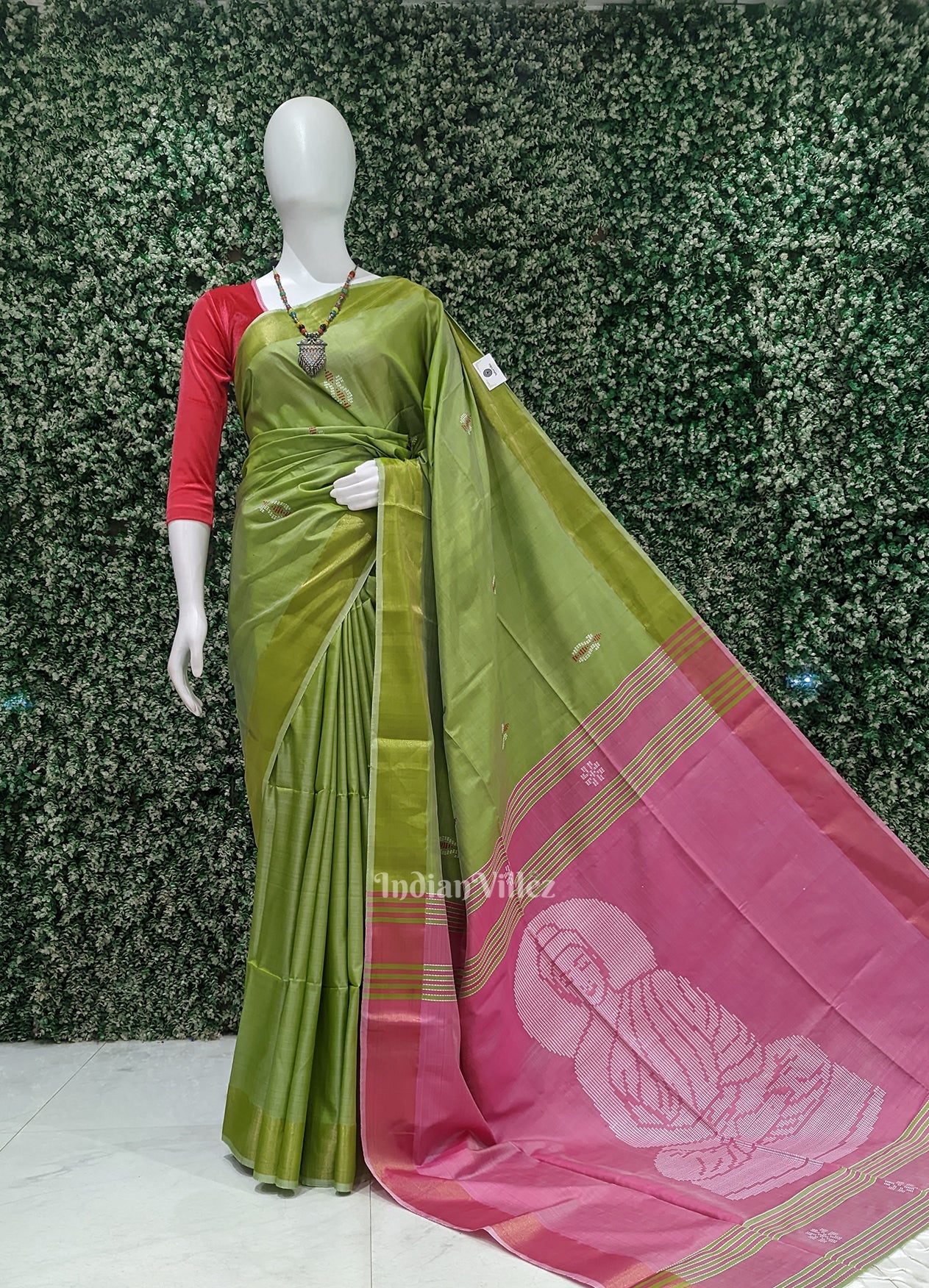 Green Pink Pure Bishnupuri Silk Saree with Budha Tissue Anchal