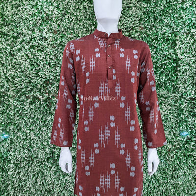 Maroon Sambalpuri Ikat Cotton Kurta For Men