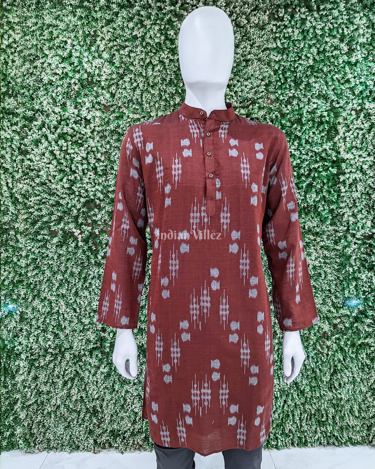 Maroon Sambalpuri Ikat Cotton Kurta For Men
