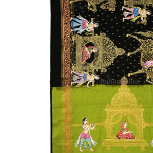 Black with Parrot Green Doli Barat/Palki Theme Hand-Painted Pattachitra Saree