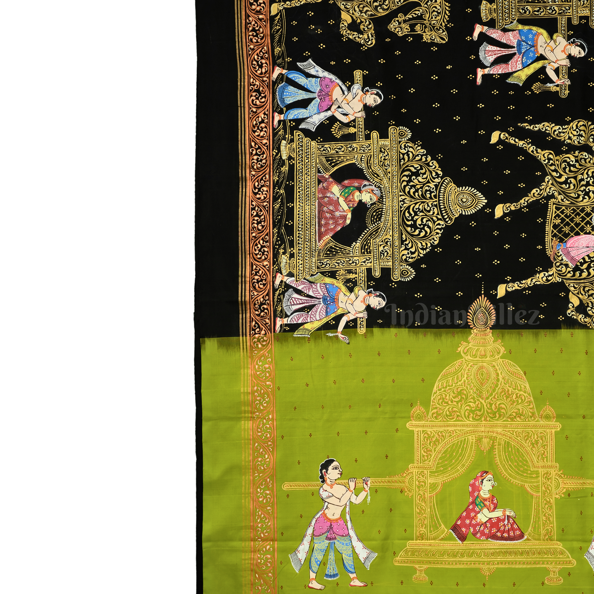 Black with Parrot Green Doli Barat/Palki Theme Hand-Painted Pattachitra Saree