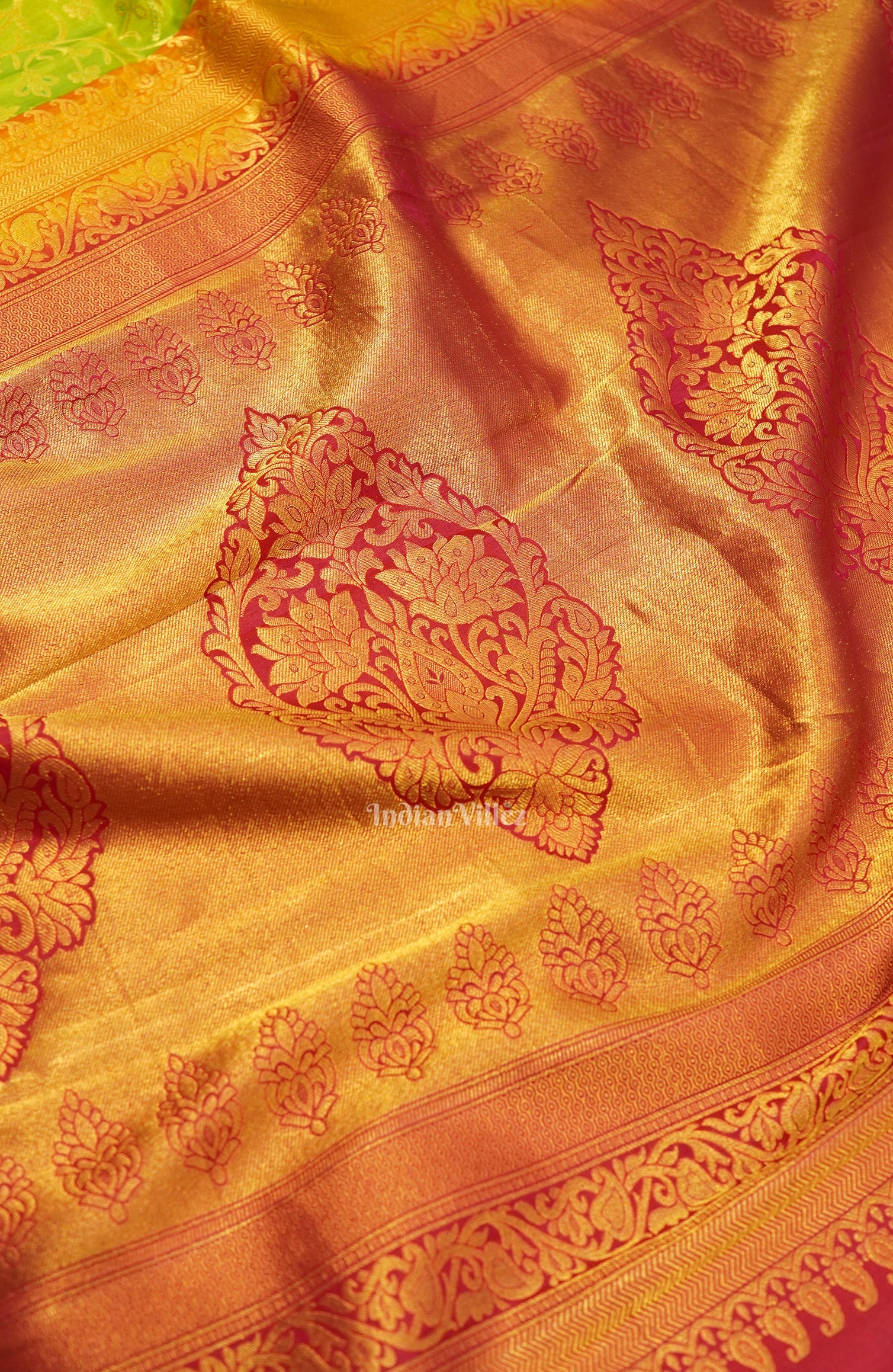 Parrot Green Golden Body Work Pure Kanjivaram Silk Saree