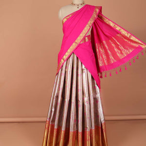 Sandal floral vine design art-silk half saree, contrast traditional zari border,zari design blouse & striped geometric dhavani