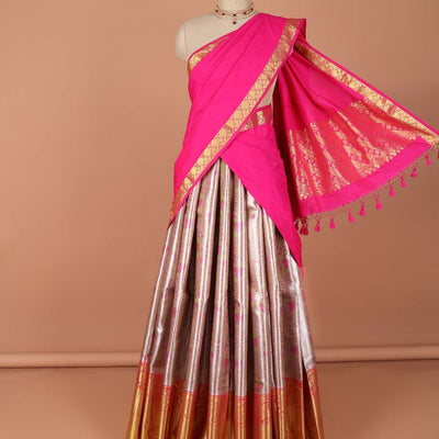 Sandal floral vine design art-silk half saree, contrast traditional zari border,zari design blouse & striped geometric dhavani