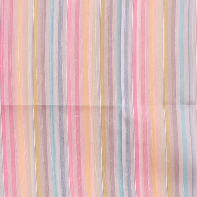Light pink semi-banaras tussar saree with contrast striped border & multi-colored striped pallu