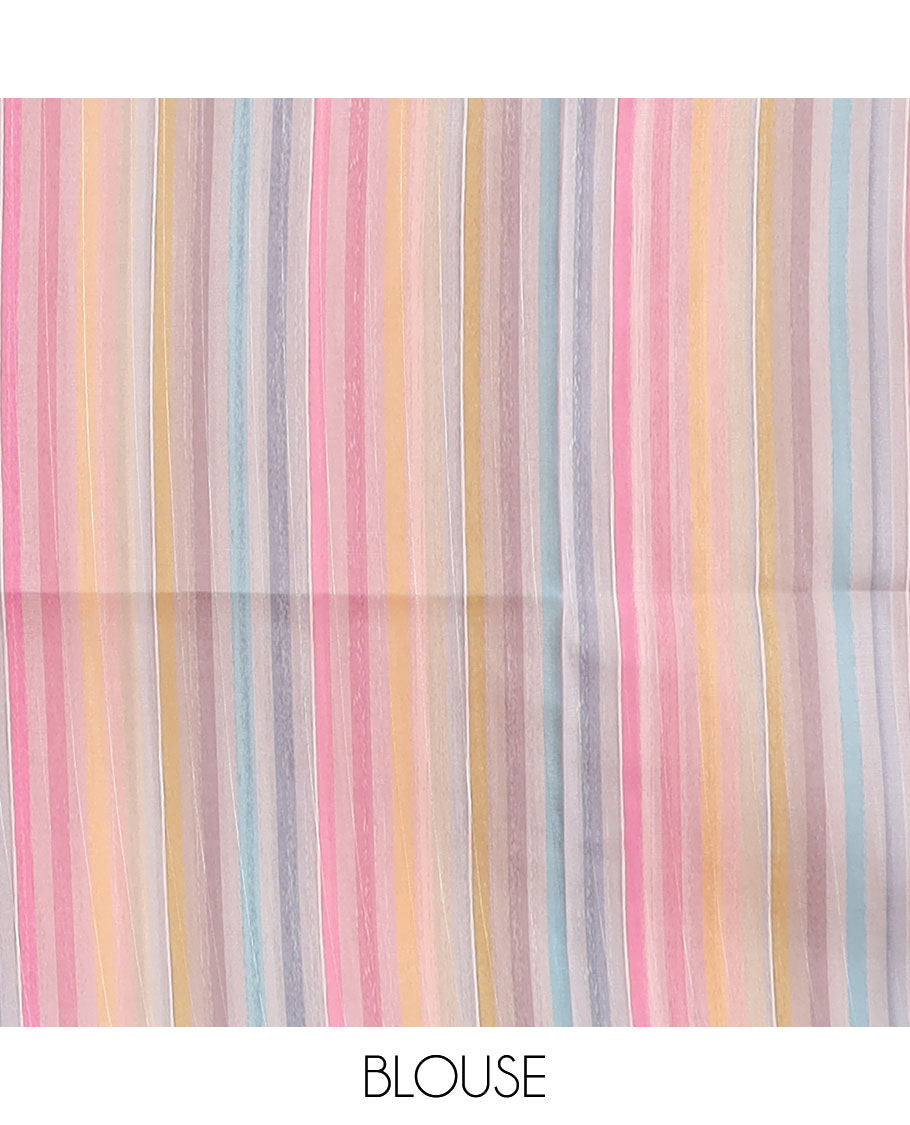 Light pink semi-banaras tussar saree with contrast striped border & multi-colored striped pallu