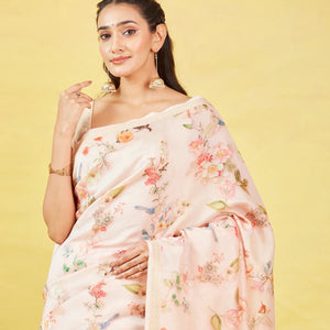 Off White Handloom Tussar Silk Saree With Printed Bird Motifs