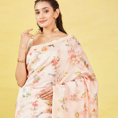 Off White Handloom Tussar Silk Saree With Printed Bird Motifs