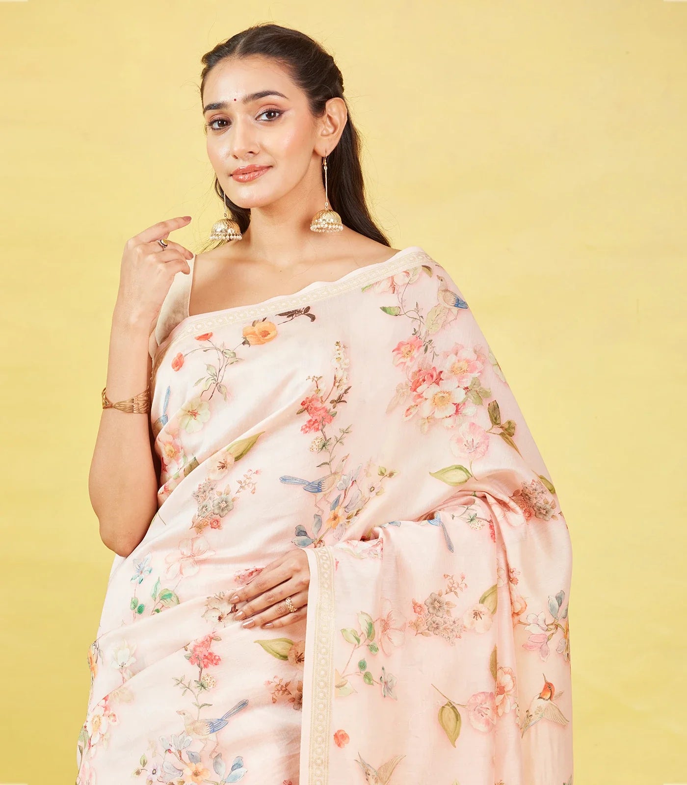 Off White Handloom Tussar Silk Saree With Printed Bird Motifs