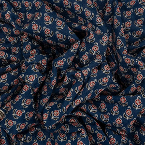 Indigo Woven Jaipur Cotton Saree With Printed Brown Floral Motifs