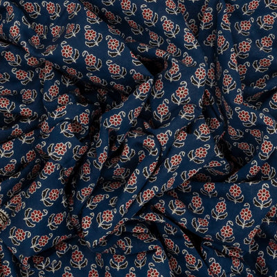 Indigo Woven Jaipur Cotton Saree With Printed Brown Floral Motifs