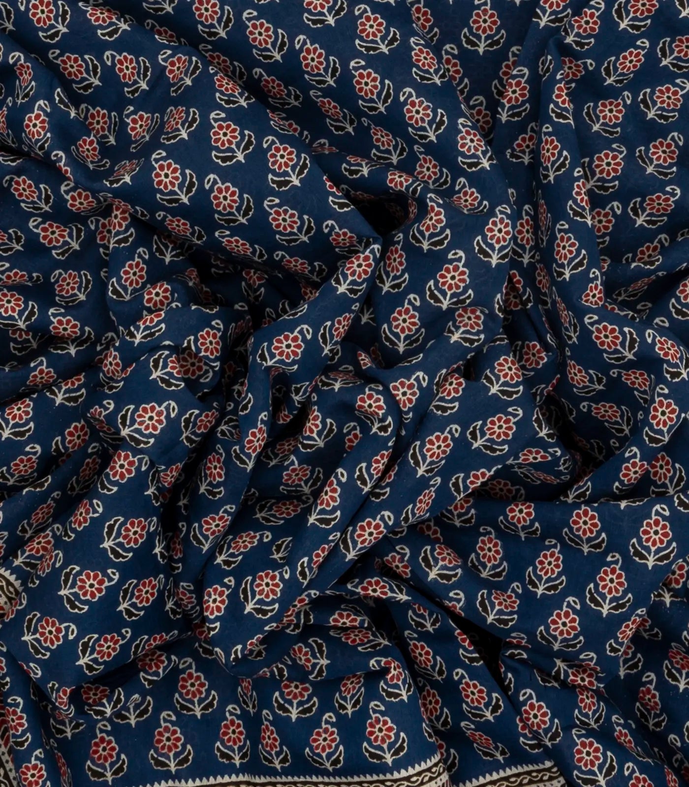 Indigo Woven Jaipur Cotton Saree With Printed Brown Floral Motifs