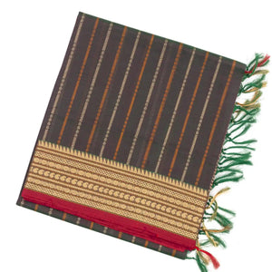 Dark Grey Handloom Silk Cotton Saree With Stripes & Zari Border