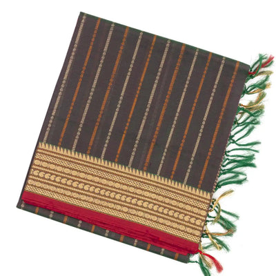 Dark Grey Handloom Silk Cotton Saree With Stripes & Zari Border