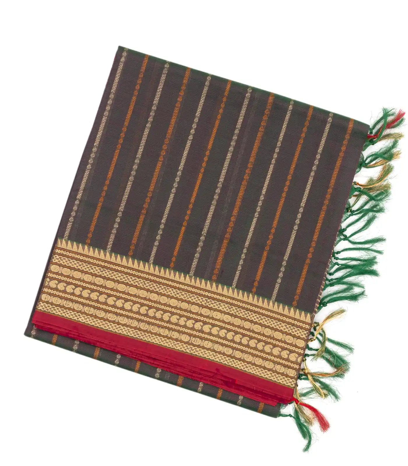 Dark Grey Handloom Silk Cotton Saree With Stripes & Zari Border