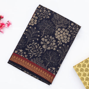 Navy Blue Handloom Tussar Silk Saree With Printed Tree Motifs